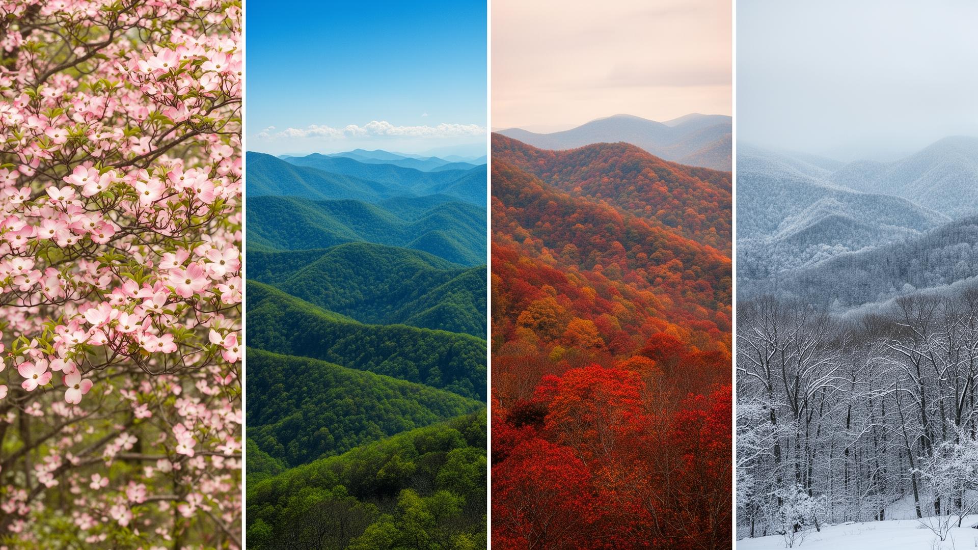 Four seasons of the Blue Ridge Mountains — spring blooms, summer green, autumn color, winter snow